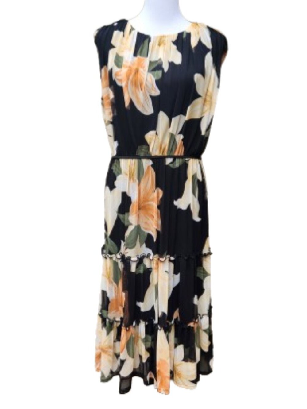 Enfocus Studio Tiered Mesh Dress Black Bold Floral Print Pleats Lightweight